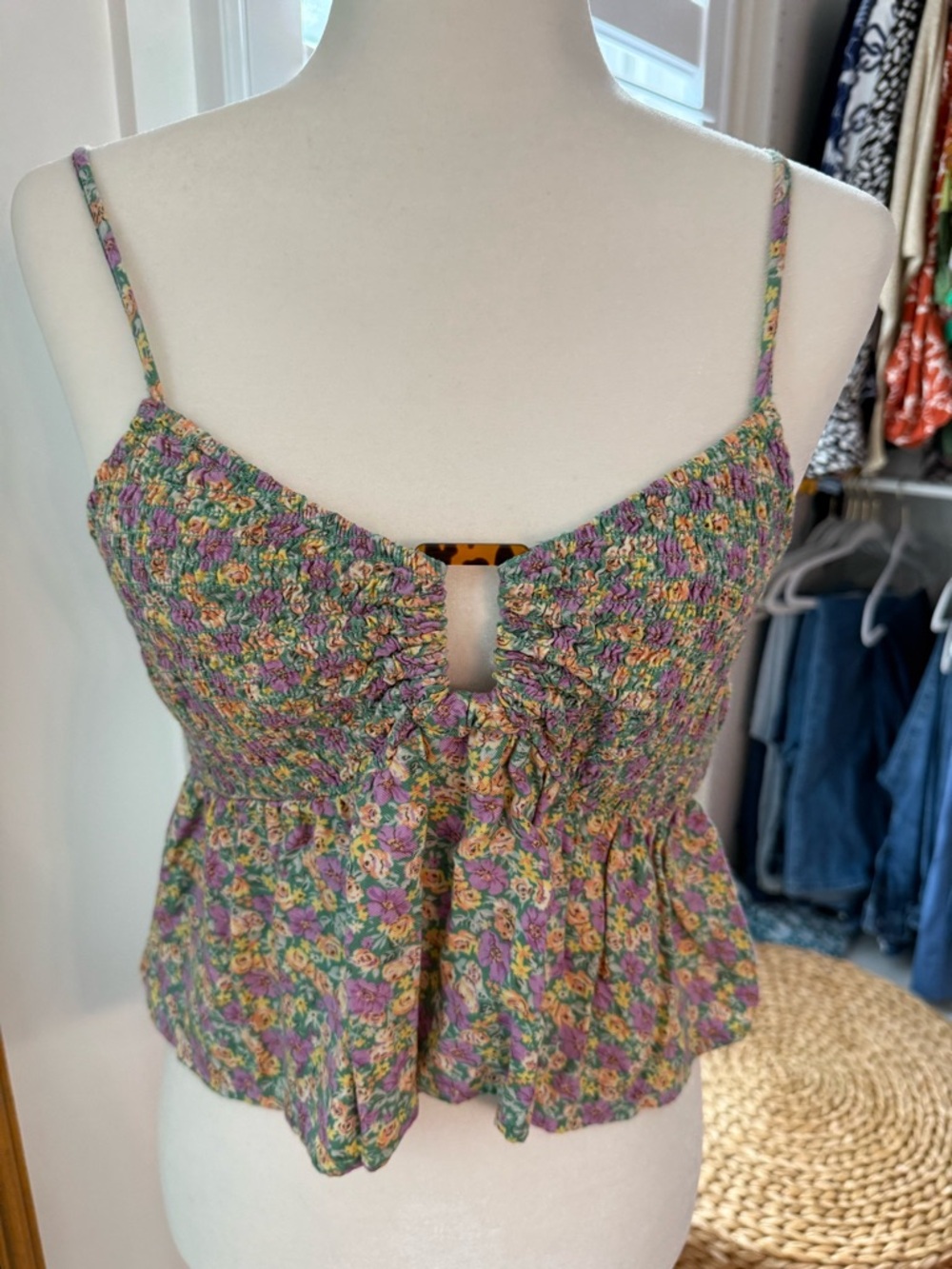 American Eagle Floral Smocked Spaghetti Strap Top - Purple/Green